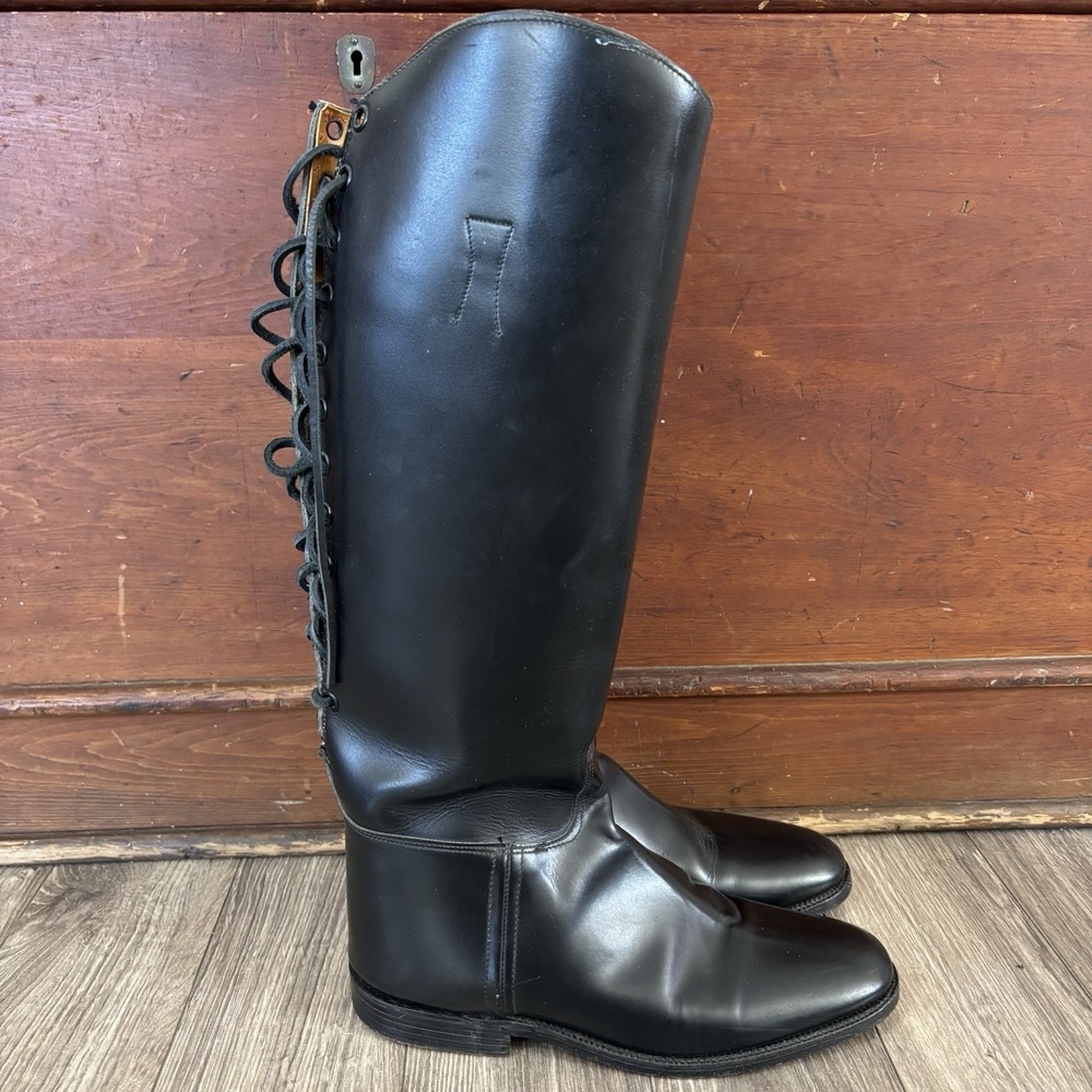 Vintage Black English Leather Hunting/Riding Lace Boots Mens 9.5‎ Wooden Tree